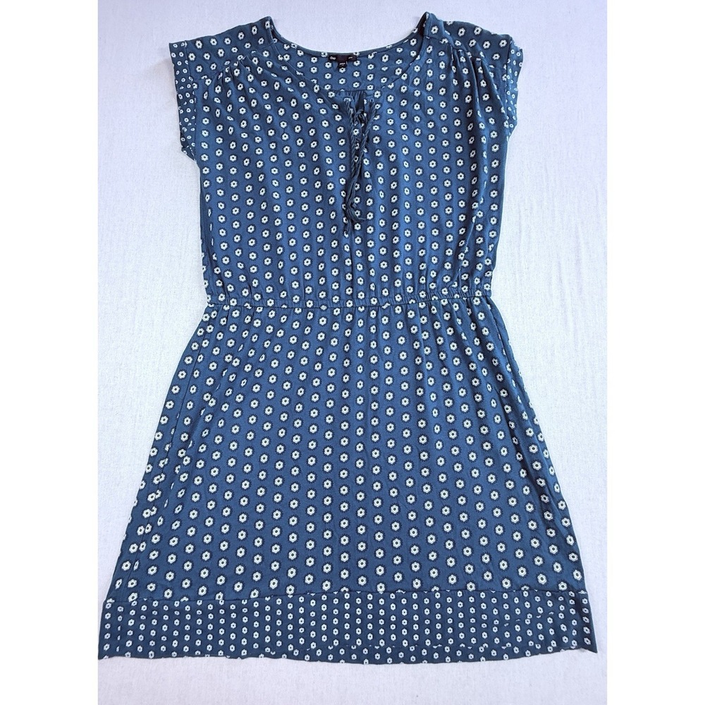 Gap Fit & Flare Dress Sz XL Blue Floral Lace-Up V-Neck‎ Short Sleeve Knee Length